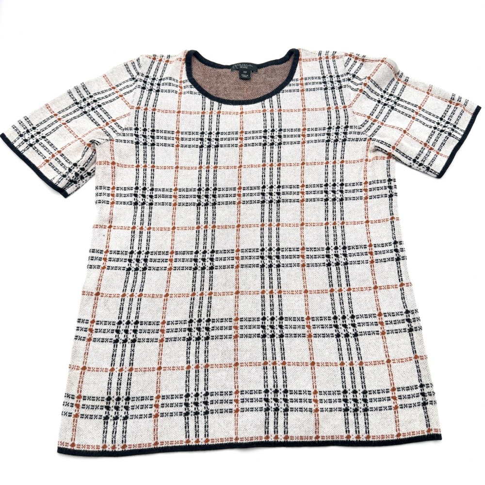 Ann Taylor Factory Petite Plaid Knit Top XSP Short Sleeve Cotton Sweater Cream